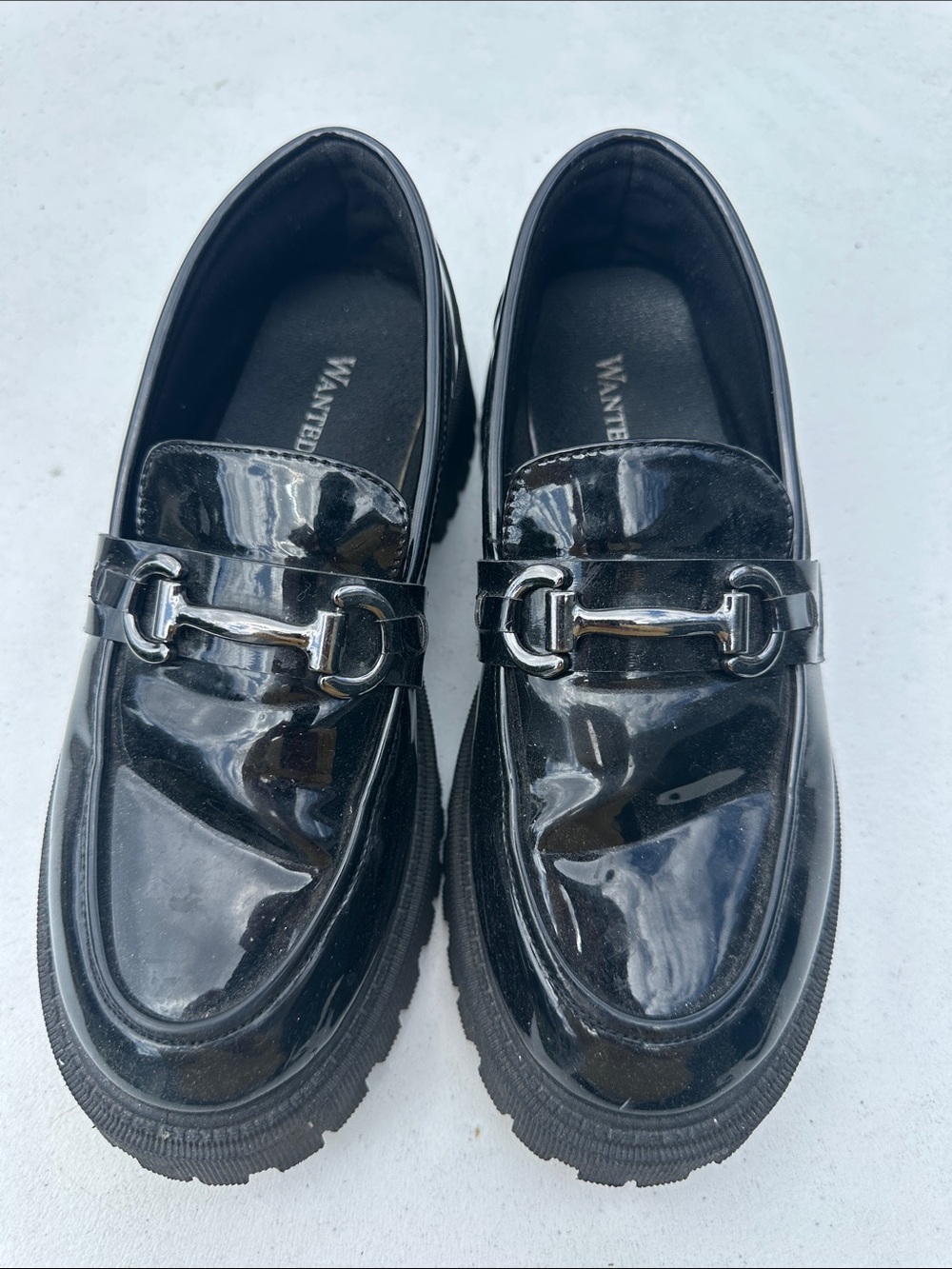 Wanted Black Patent Loafers with Silver Hardware